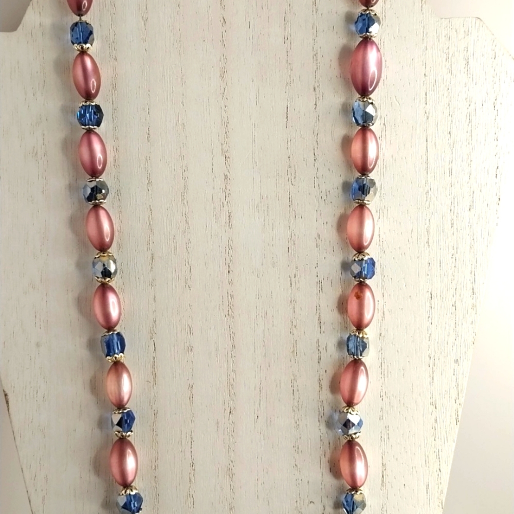 Japan Beaded Necklace Pink and Blue Bead 27 inches